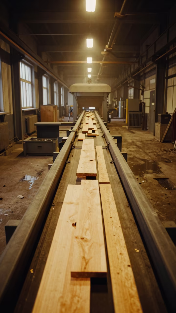 Sawmill Conveyor Bark Slabs Late Night in on a factory floor near Tallinn