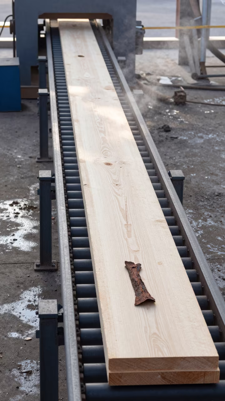 Sawmill Conveyor Bark Slabs Massarah in on a factory floor near Massarah
