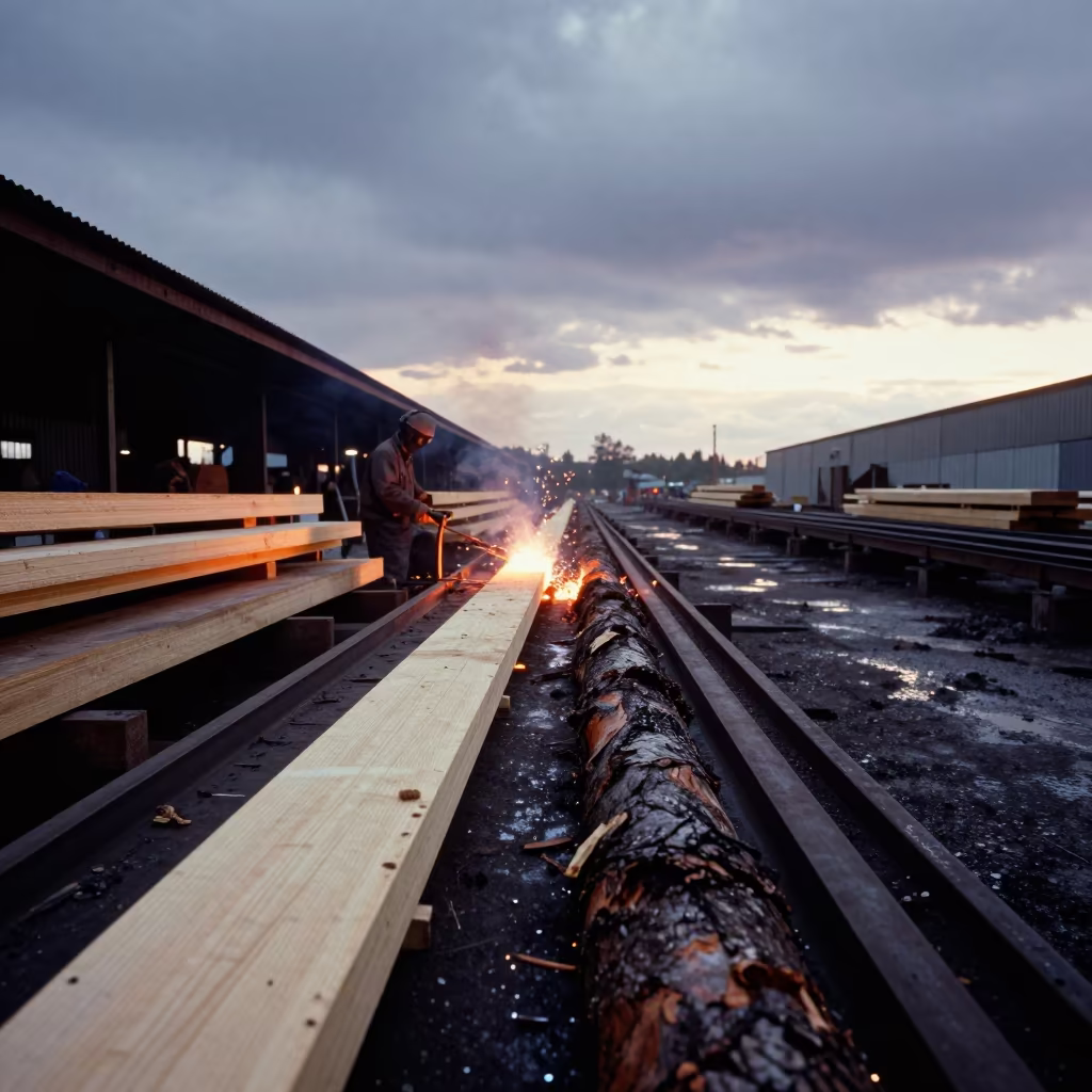 Sawmill Conveyor Bark Slabs Sunset Luena in in a welding bay near Luena