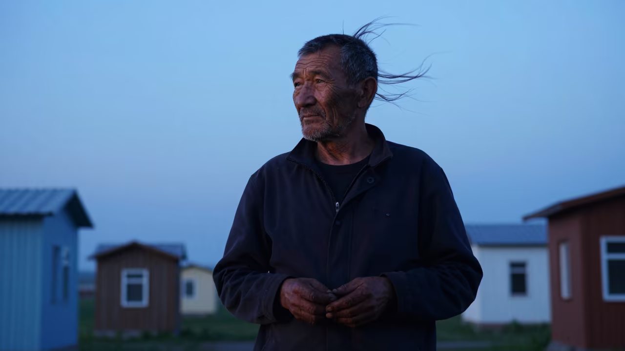 Sawmill Operator Silhouette with Tiny Buildings in in Almaty