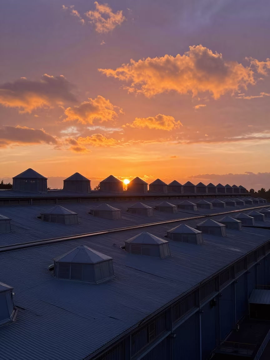 Sawtooth Skylights Silhouetted Against Golden Hour Sky in in a turbine hall near Siguiri