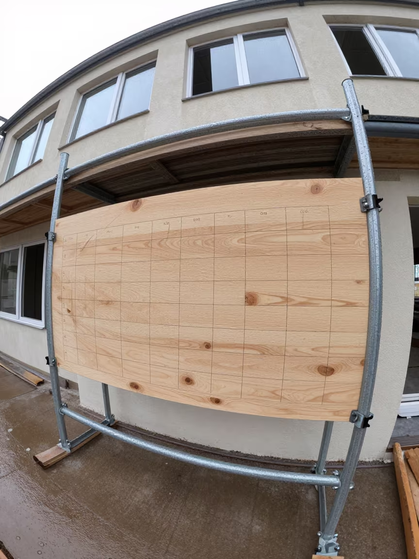Saxon Construction Finish Board in Noon Light in along a scaffolded facade in Saxony