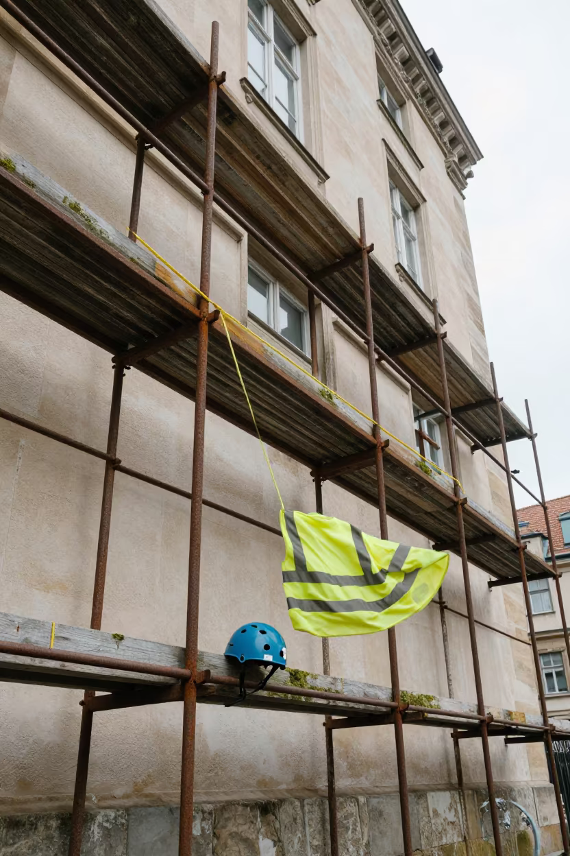 Saxony Scaffold String Line Late Spring Construction in along a scaffolded facade in Saxony