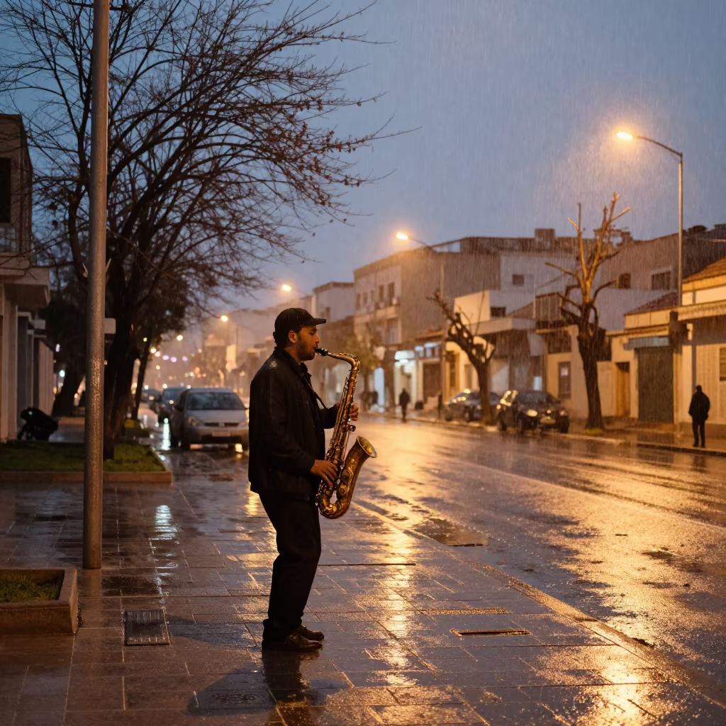 Saxophone Musician in Winter Dusk Rain Aïn Beïda in in Aïn Beïda