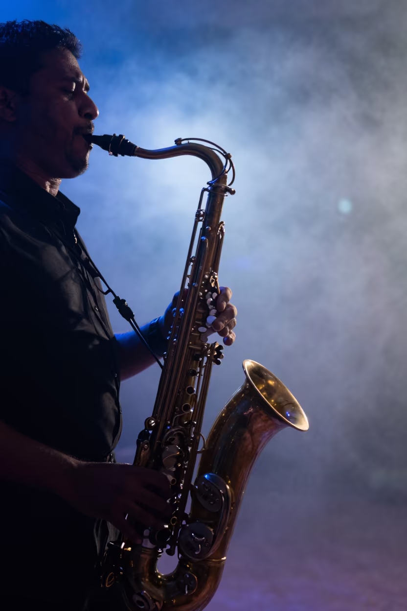 Saxophone Soloist Under Blue Dawn Light in in a concert hall in Chittagong