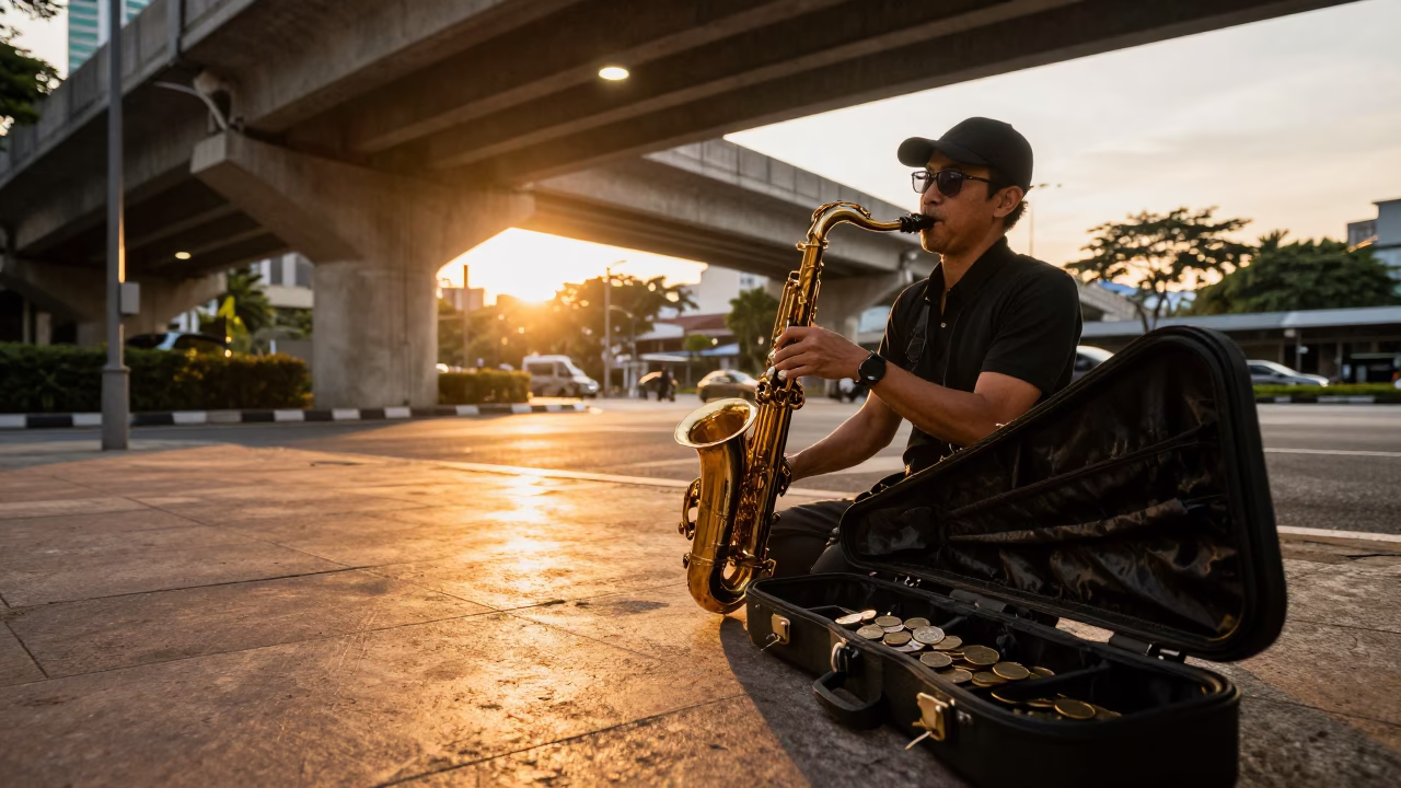 Saxophonist Busking Under Kuala Lumpur Bridge at Sunset in beneath a flickering underpass light in Kuala Lumpur