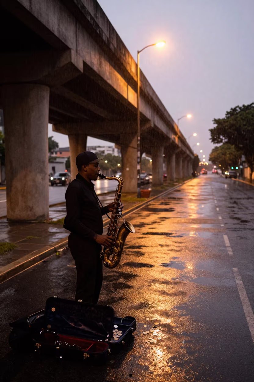 Saxophonist Busking Under Maputo Bridge in beneath a flickering underpass light in Maputo