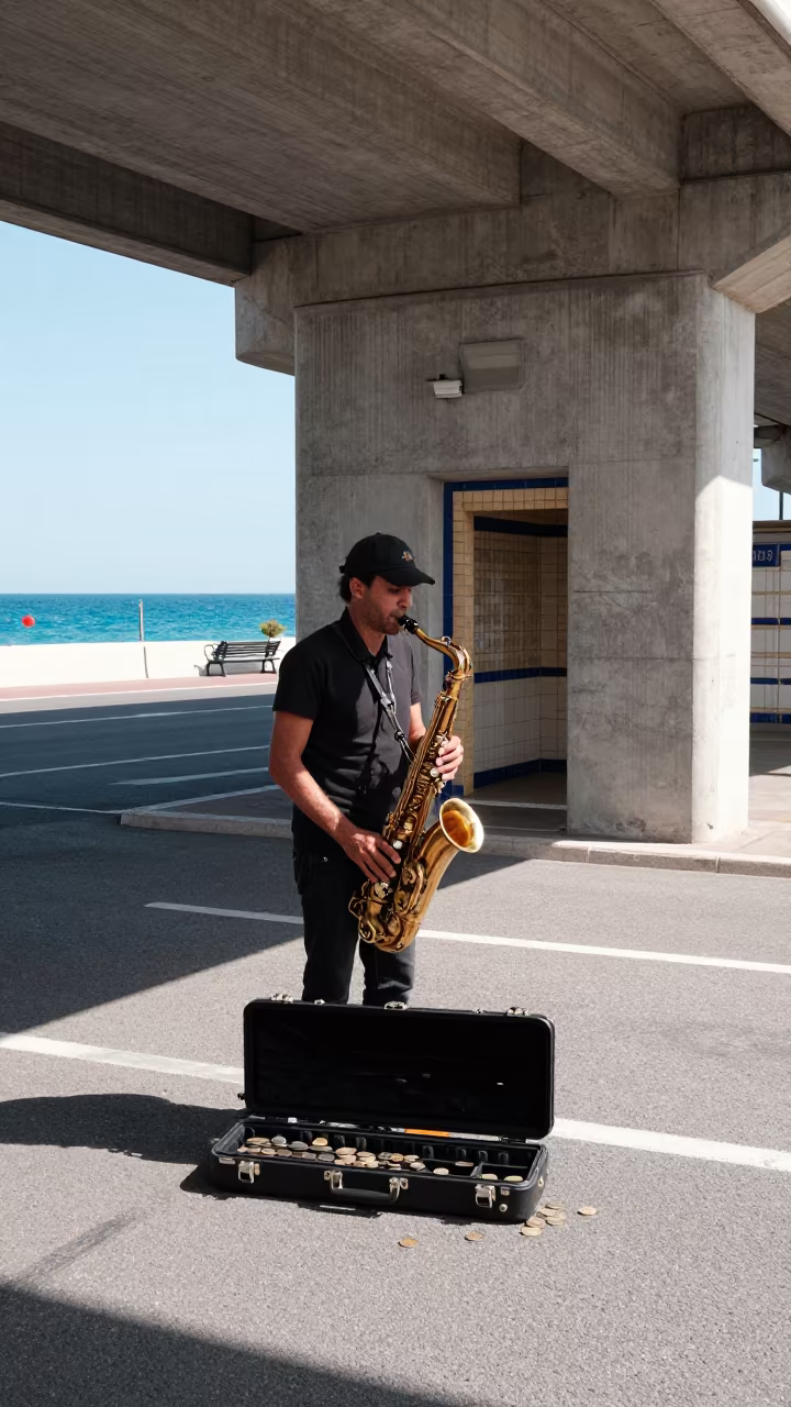 Saxophonist Busking Under Nice Metro Underpass in outside a metro entrance in Nice
