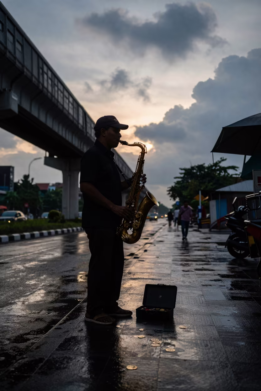 Silhouetted Saxophonist Busking Under Palembang Train Line in under an elevated train line in Palembang