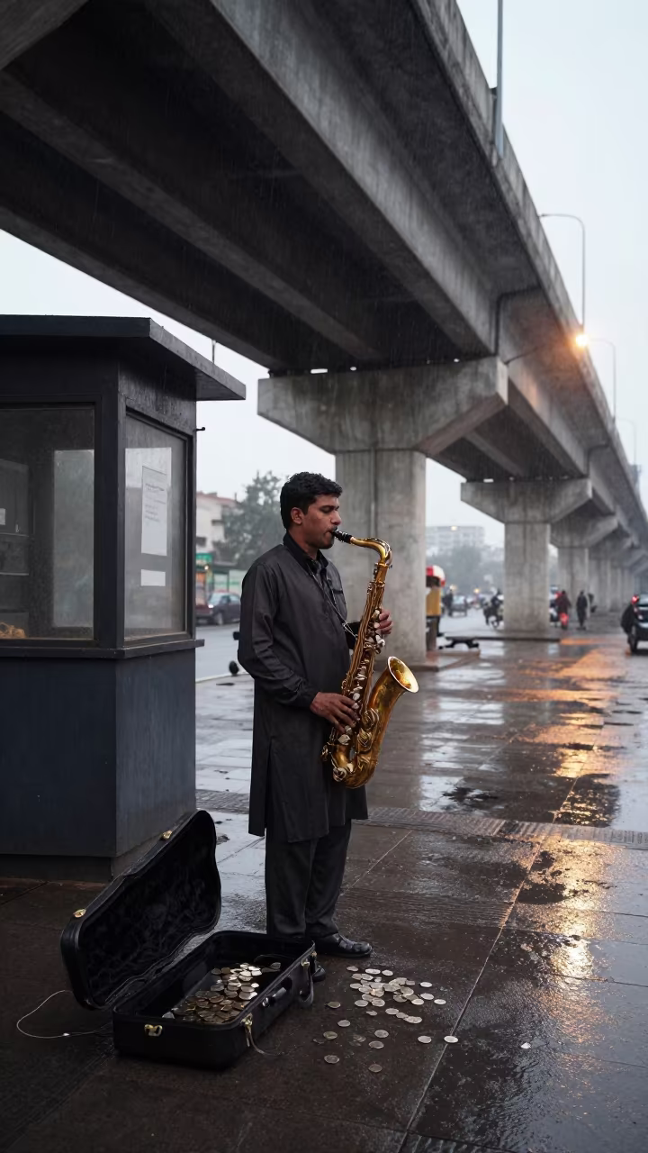 Saxophonist Busking Under Rainy Nawabshah Underpass in by a rain-darkened kiosk in Nawabshah