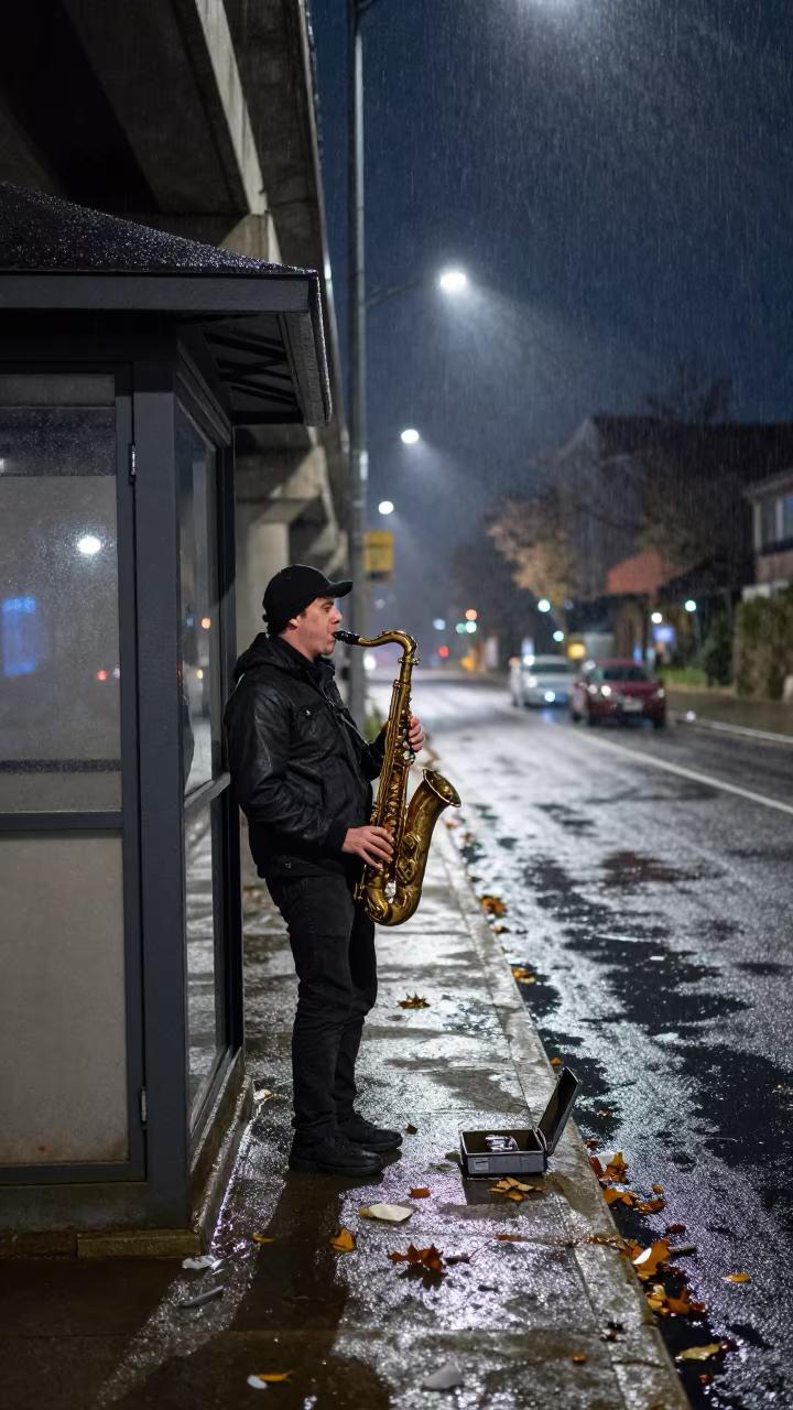 Saxophonist Busking Under Night Underpass in by a rain-darkened kiosk in Mira-Bhayandar