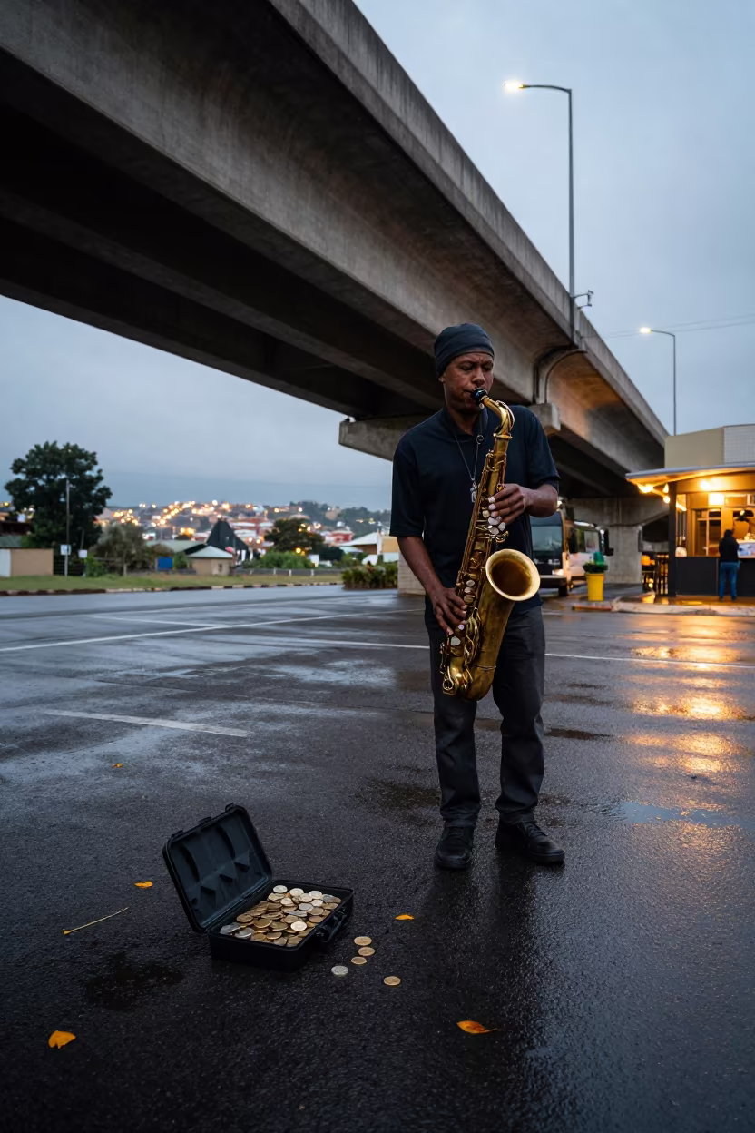 Saxophonist Busking Under Soweto Underpass at Dusk in outside a corner cafe in Soweto