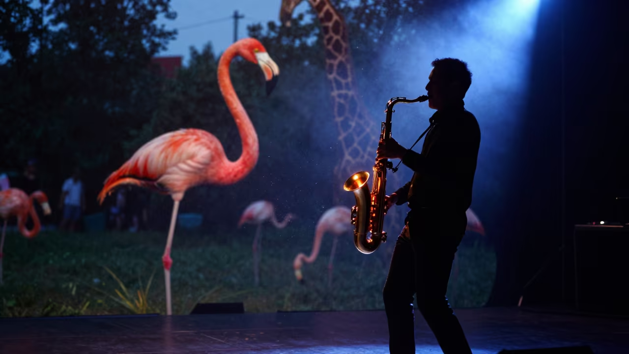 Saxophone Soloist and Giant Flamingo Under Blue Light in on a dimly lit stage in Yekaterinburg