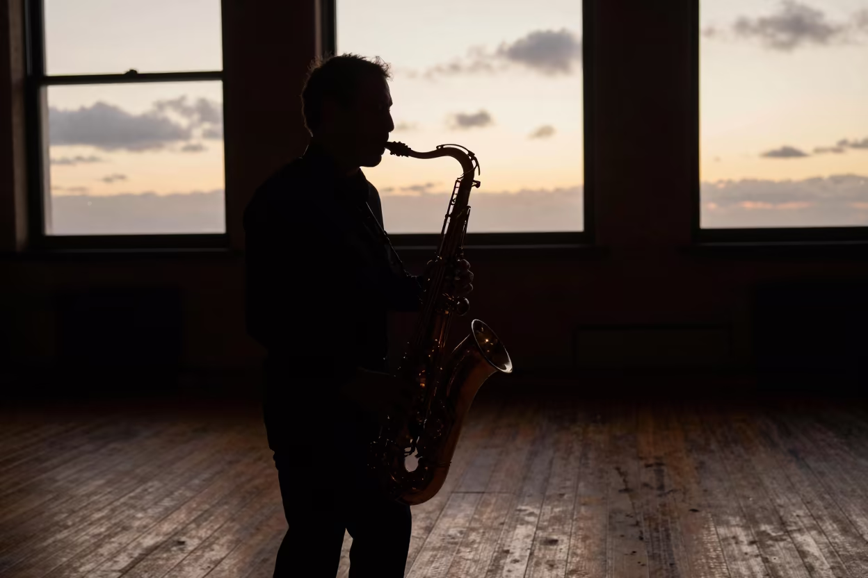 Saxophonist Silhouette on Amber Stage in on a dimly lit stage in St George's