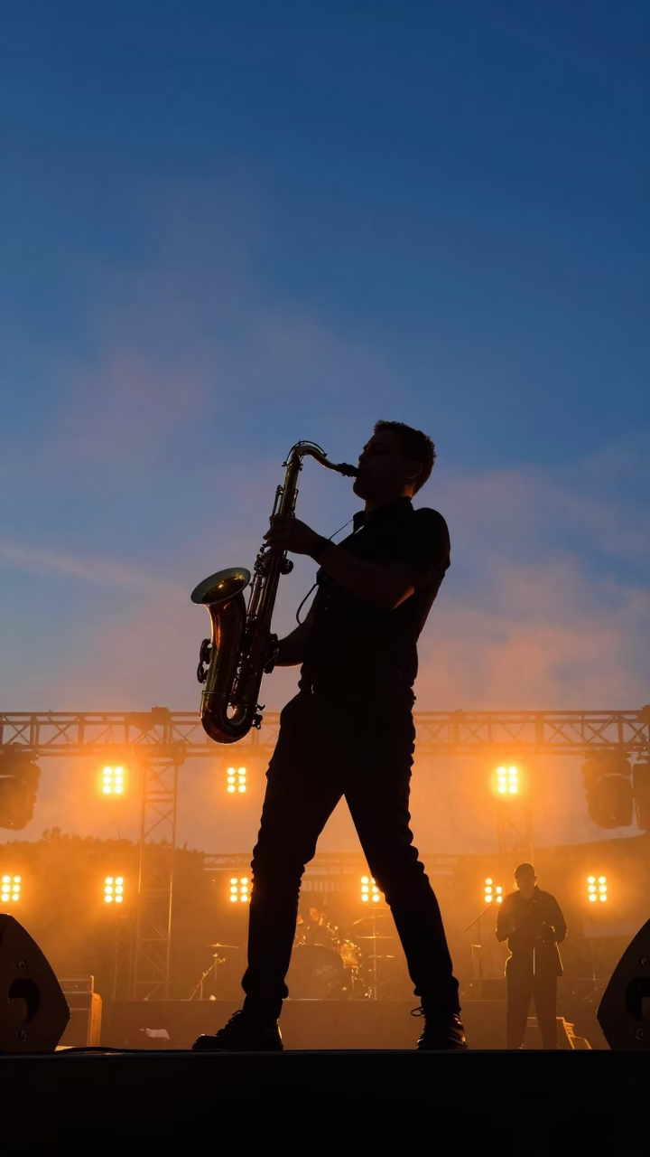 Saxophonist Silhouette Against Blue Evening Sky Beirut Festival in on a festival main stage in Mar Mikhael, Beirut