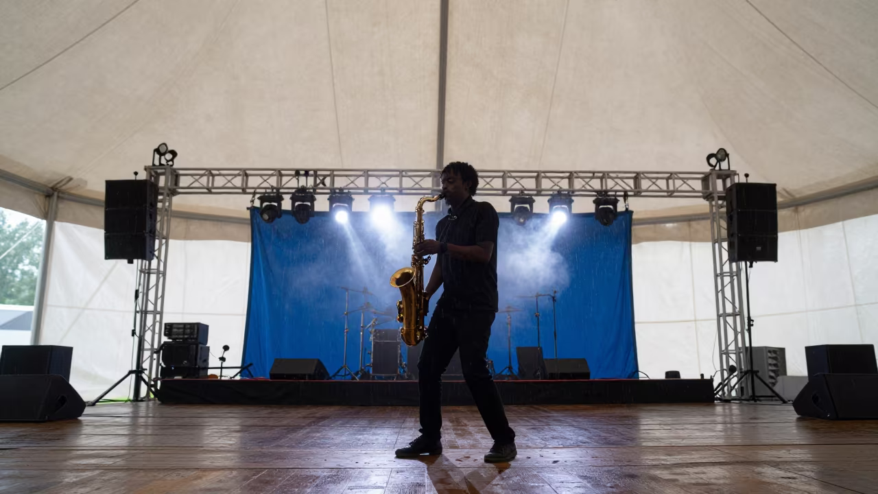 Saxophonist Silhouette Under Circus Tent Cleveland Festival in under a circus tent in Cleveland