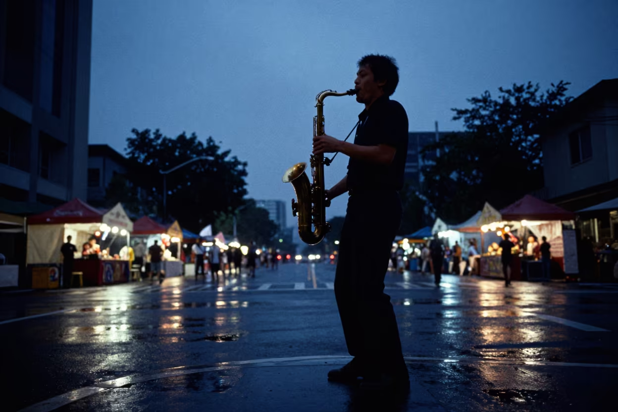 Saxophonist Silhouette at Quezon City Street Festival in at a street corner busking spot in Quezon City