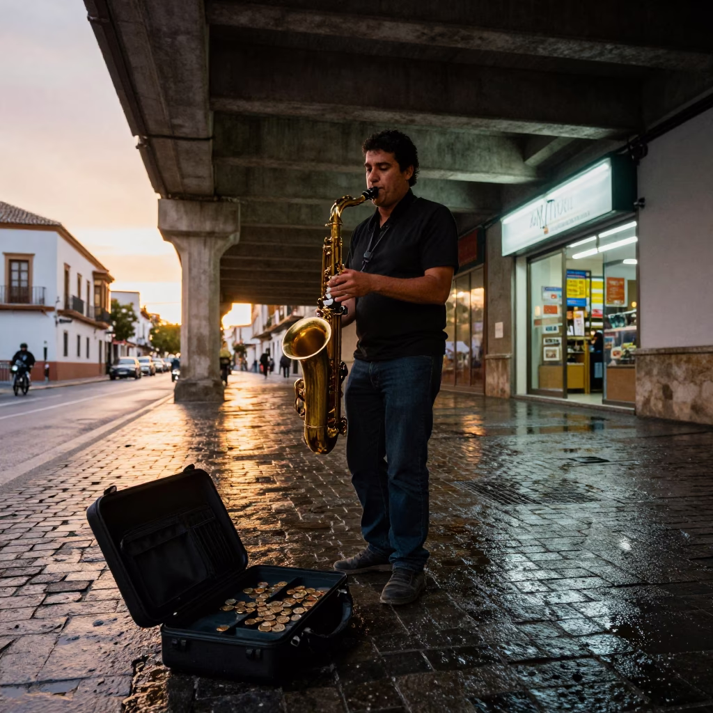 Saxophonist Under Granada Underpass with Coins in outside a fluorescent convenience store in Albaicin, Granada