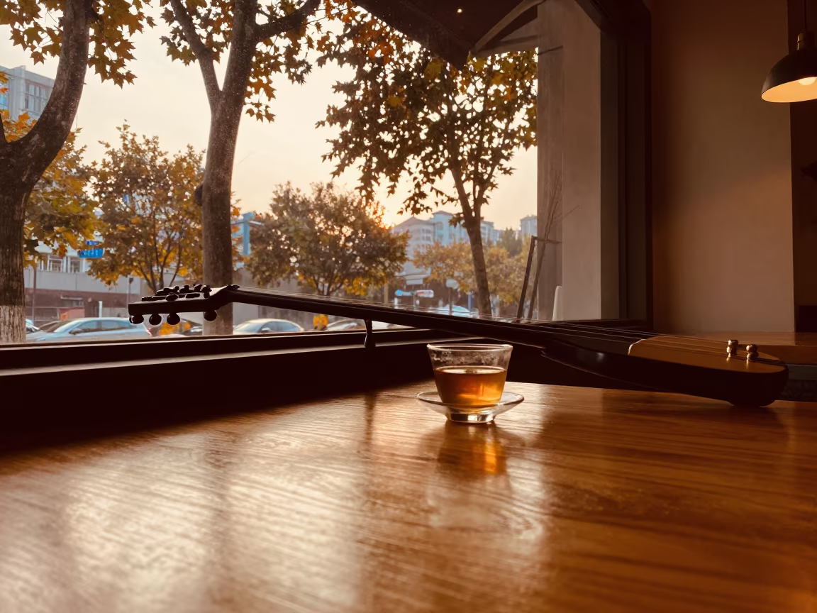 Saz Player Singing in Chongqing Cafe Window in on a cafe table by a window in Chongqing