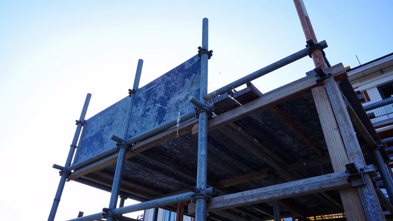 Scaffold Joints Frozen in Blue Hour Sky in beside a framed building shell near Amalfi