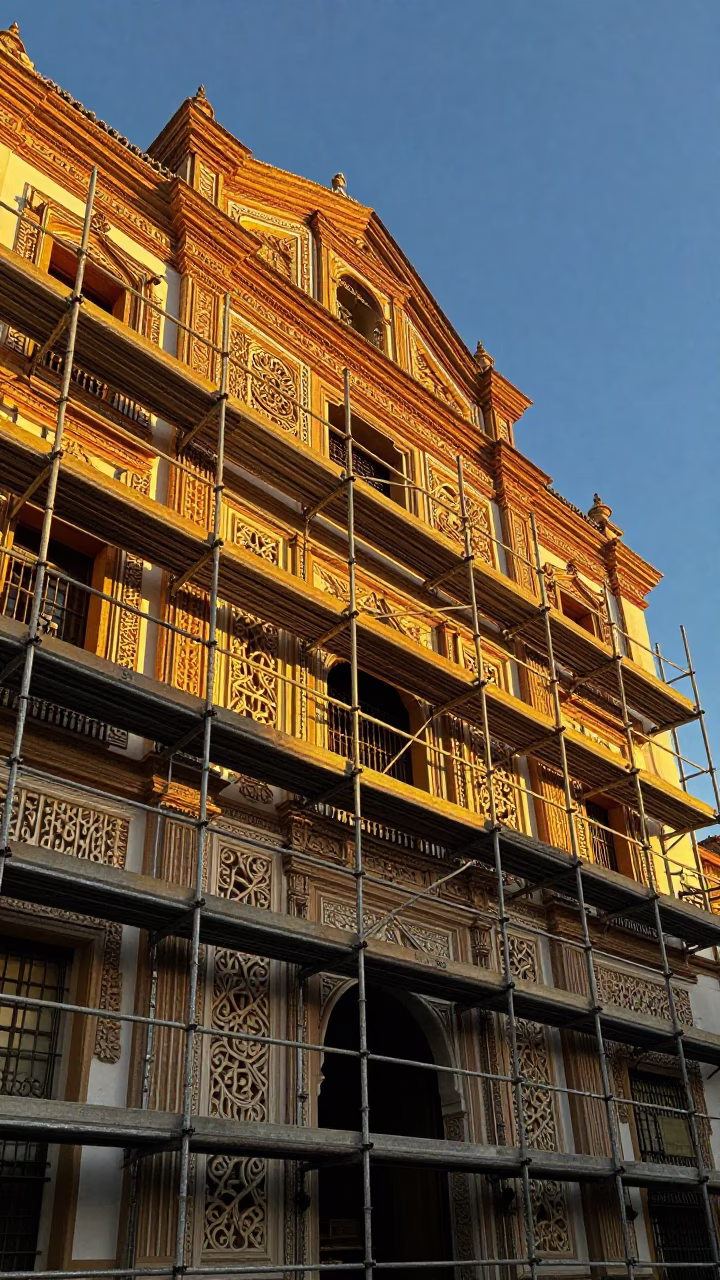 Scaffold Joints in Seville at Honeyed Evening Light in in Seville, Spain