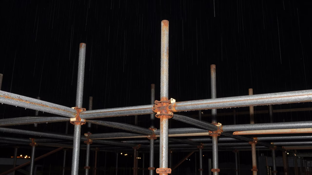 Scaffold Joints Against Night Sky in Greece in on an active construction deck in Greece