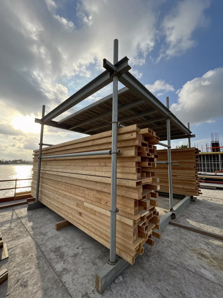 Scaffold Plank Rack Before Work Begins in on an active construction deck in Pali