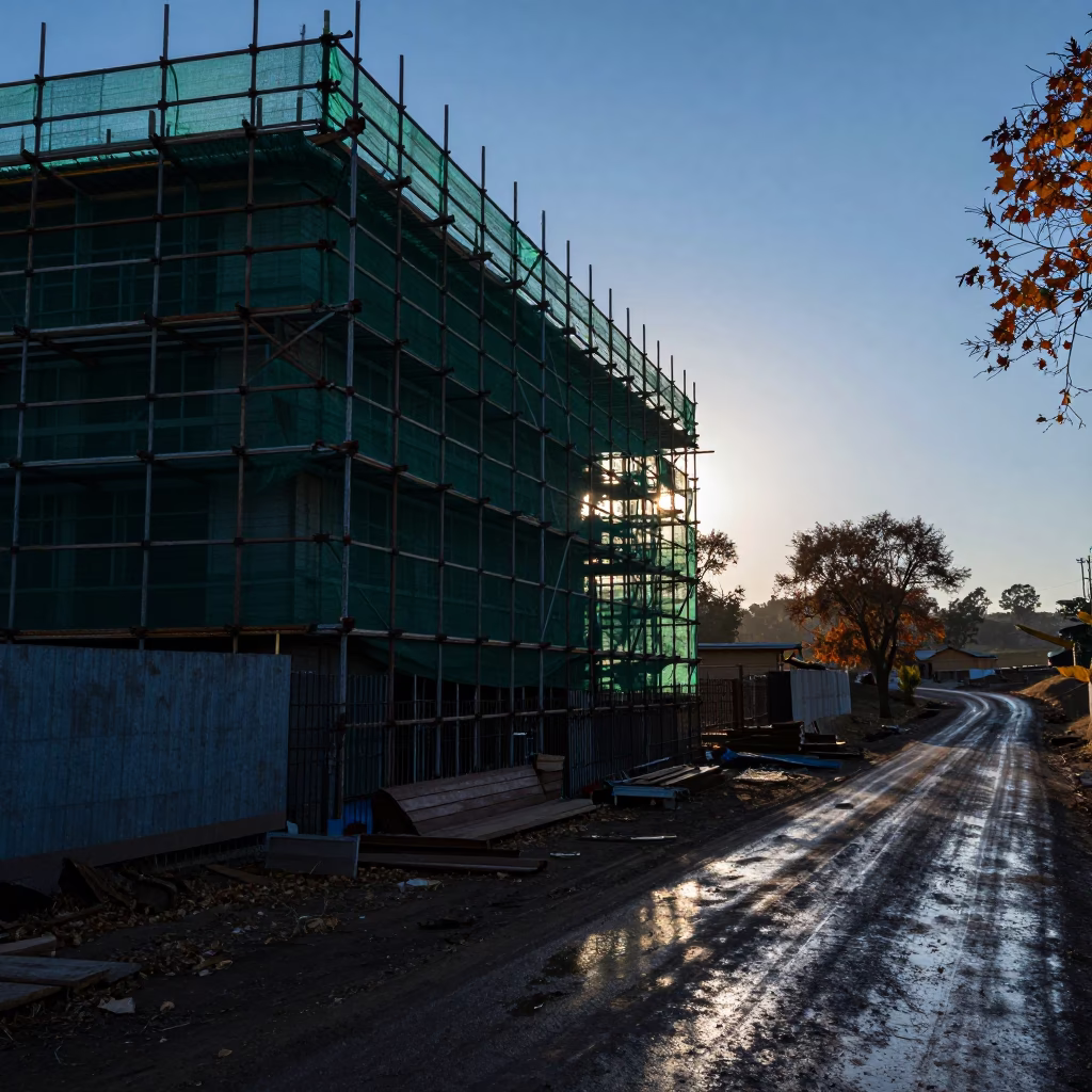 Scaffold Silhouette Against Evening Blue Light in at a muddy site access road in Lesotho