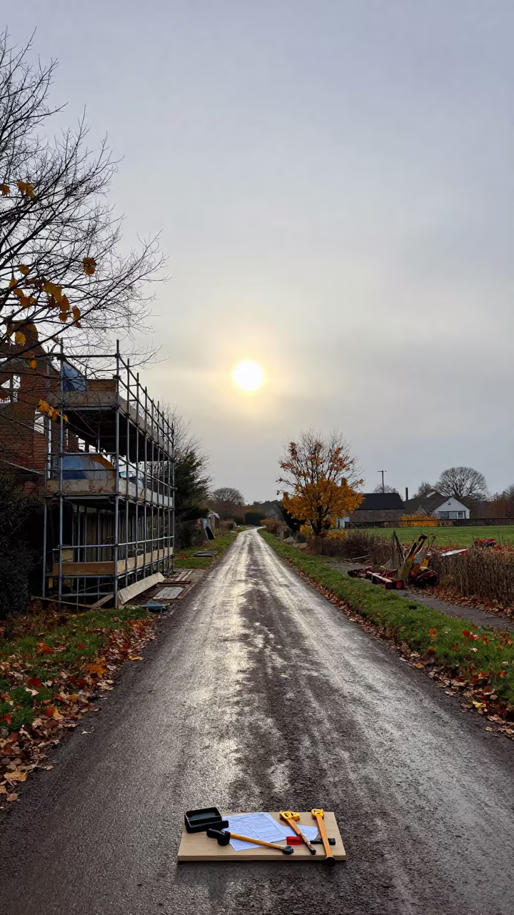 Scaffold Tag Board Under Dual Sunlight Autumn England in at a muddy site access road in England