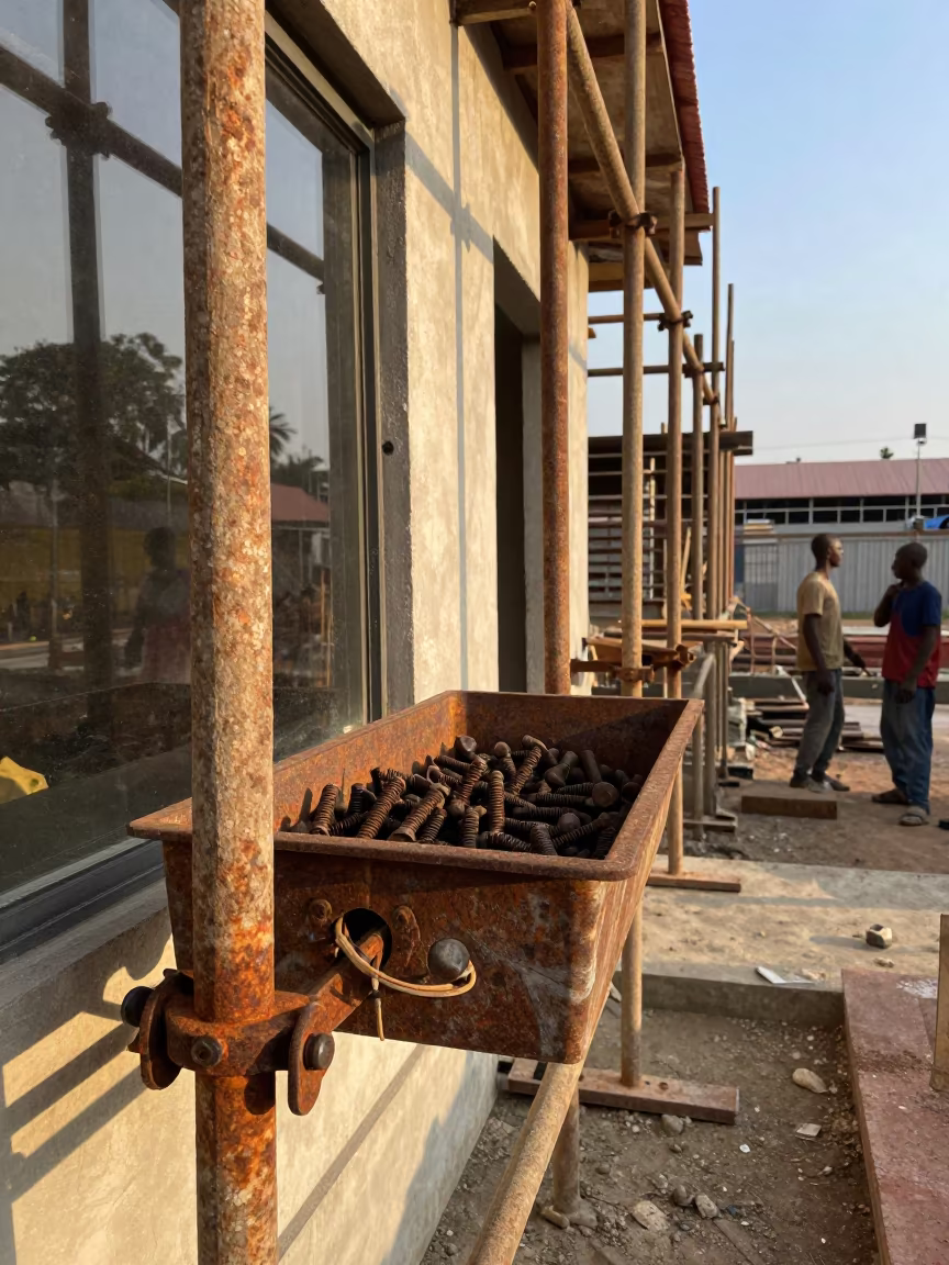 Scaffold Tie Bin Near Douala Waterfront in along a scaffolded facade near Douala