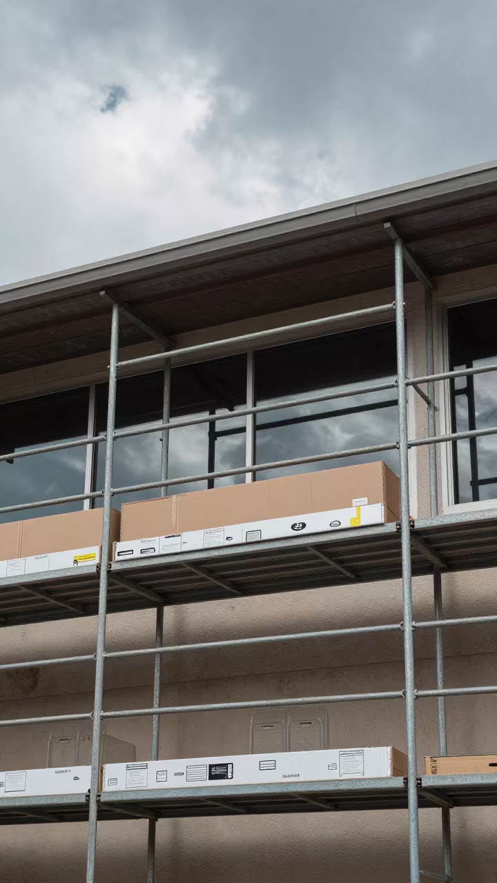 Scaffolded Facade Carton with Metal and Plastic Supplies in along a scaffolded facade in Oklahoma