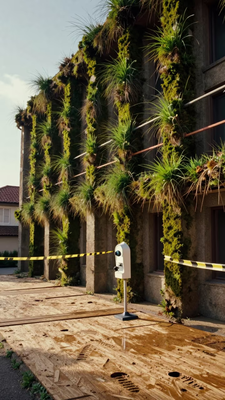 Scaffolded Galician Facade With Sideways Moss Growth in along a scaffolded facade in Galicia