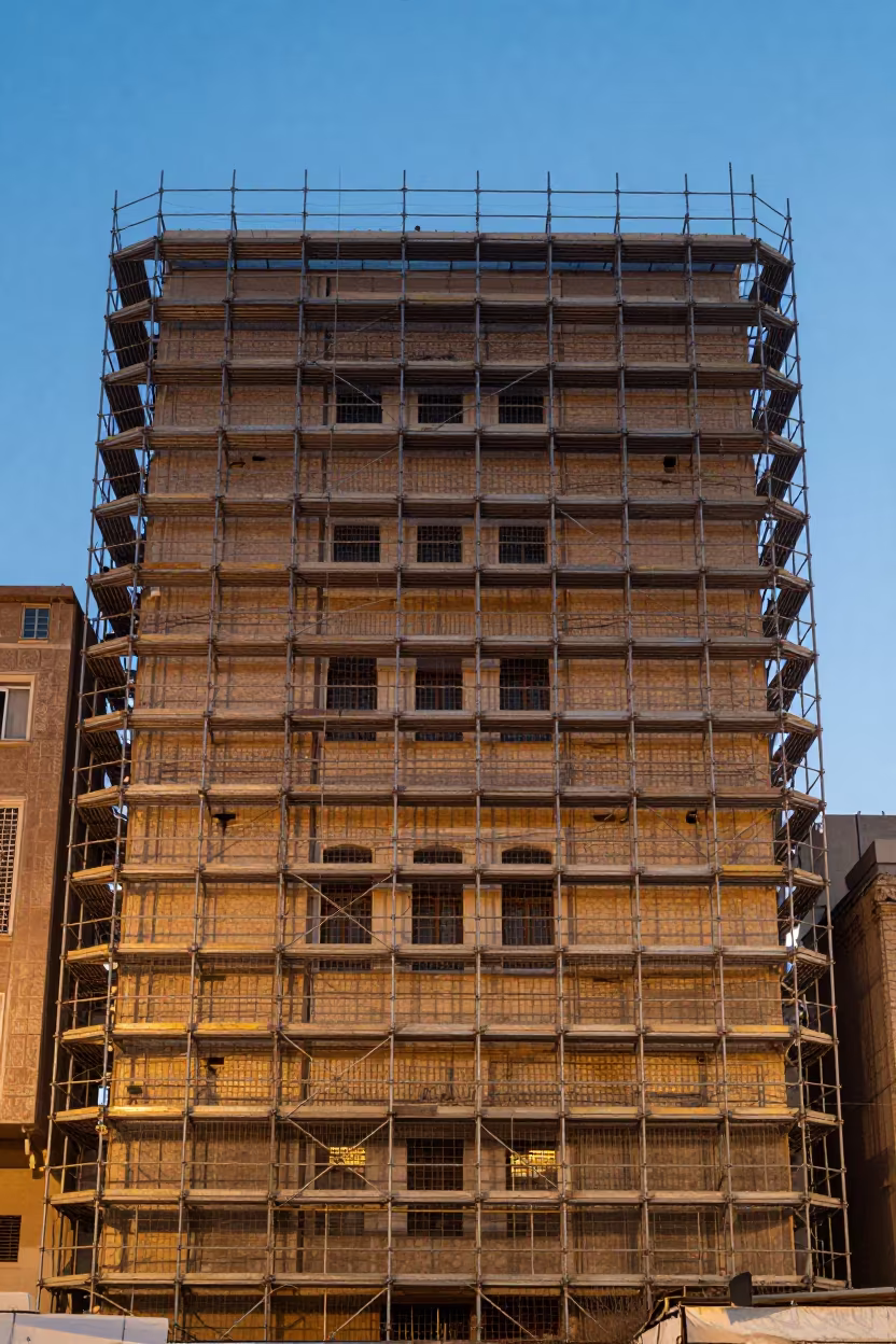 Scaffolding Wraps Historic Building at Blue Hour in near Mit Ghamr