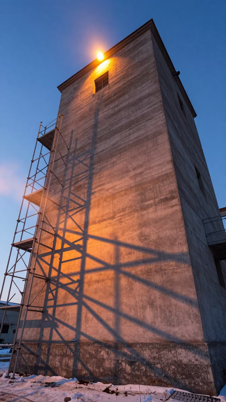 Scaffolding Shadows on Grain Elevator Wall in inside a grain elevator near Bishkek