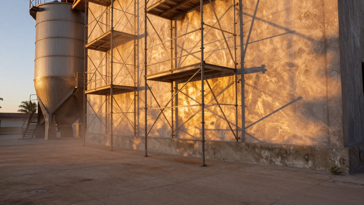 Scaffolding Shadows on Grain Elevator Wall in inside a grain elevator near Santo Domingo