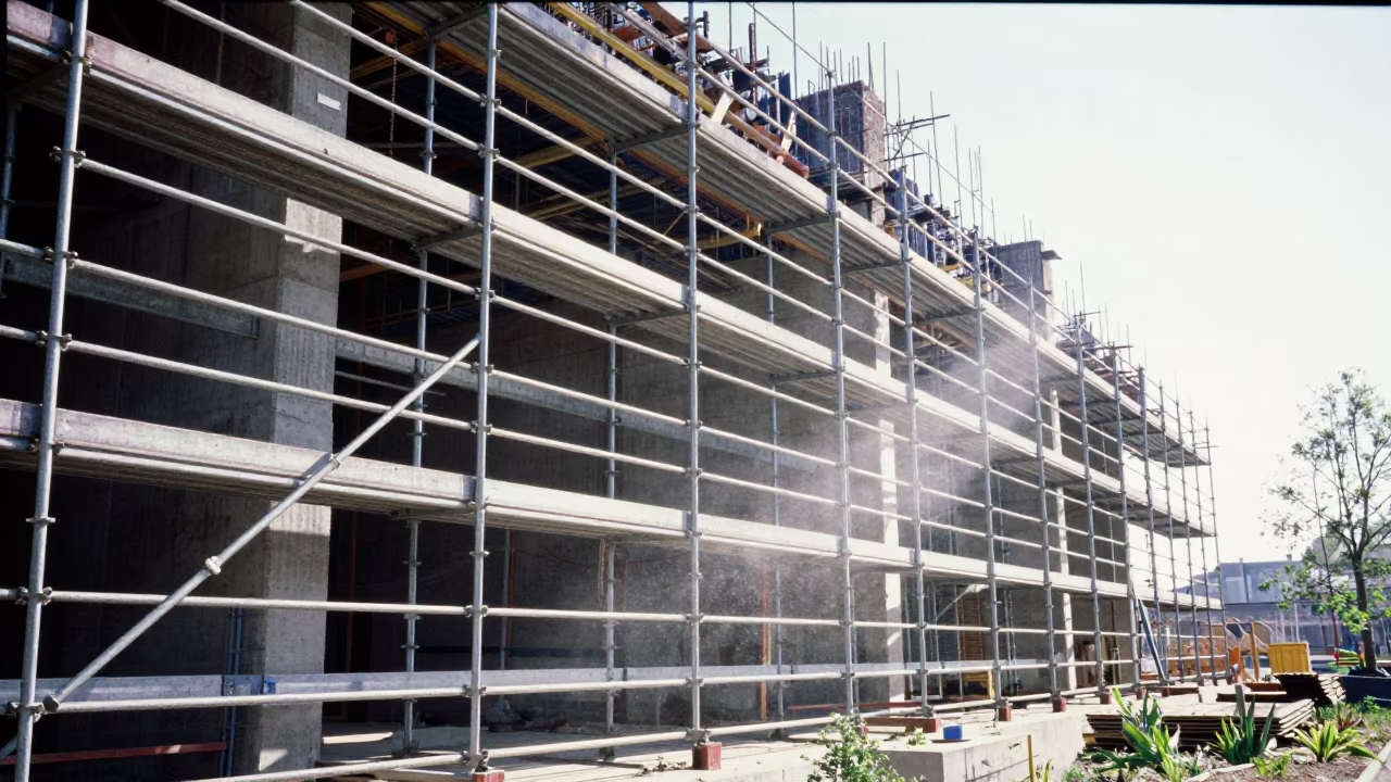 Scaffolding Against Steel in Loire Valley Noon in beside exposed structural steel in the Loire Valley