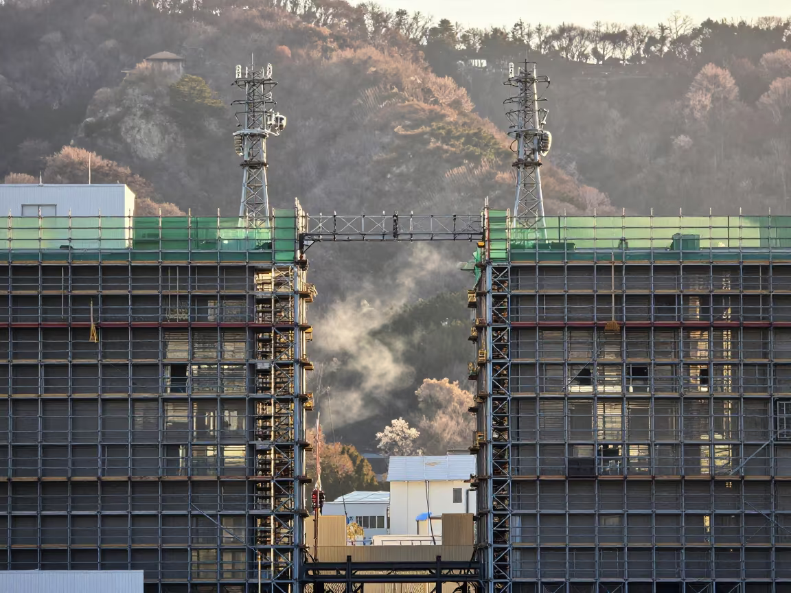 Scaffolding Structure Under Utility Towers in Shikoku in under gantries and utility towers in Shikoku