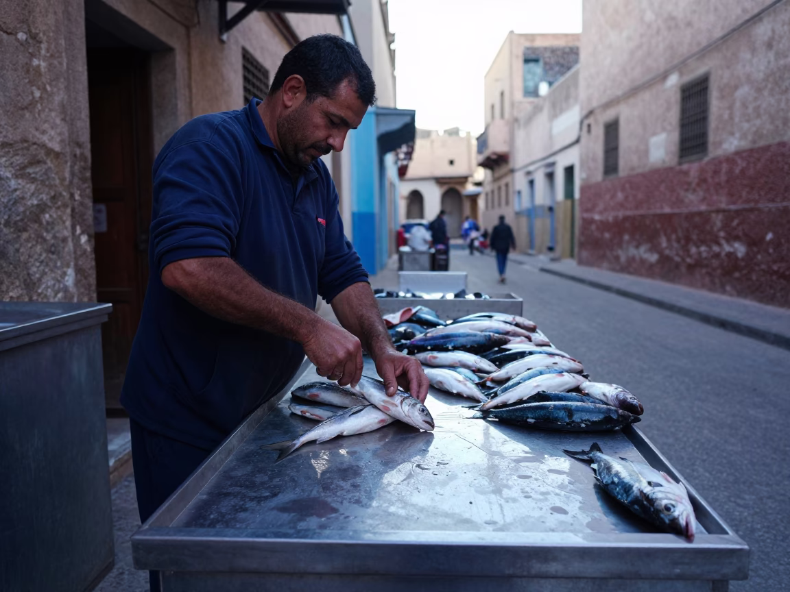 Scaling Fish in Essaouira in in Essaouira, Morocco