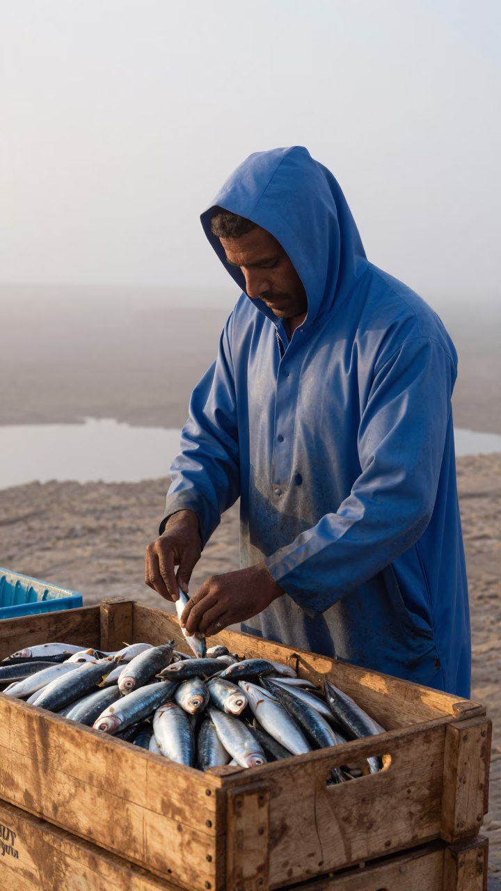 Scaling Sardines in Essaouira in in Essaouira, Morocco