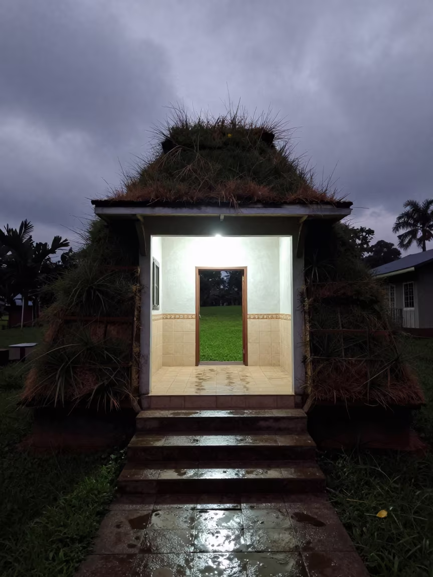 Scandinavian Turf Cottage in African Stair Hall in inside a tiled stair hall in M'banza-Kongo