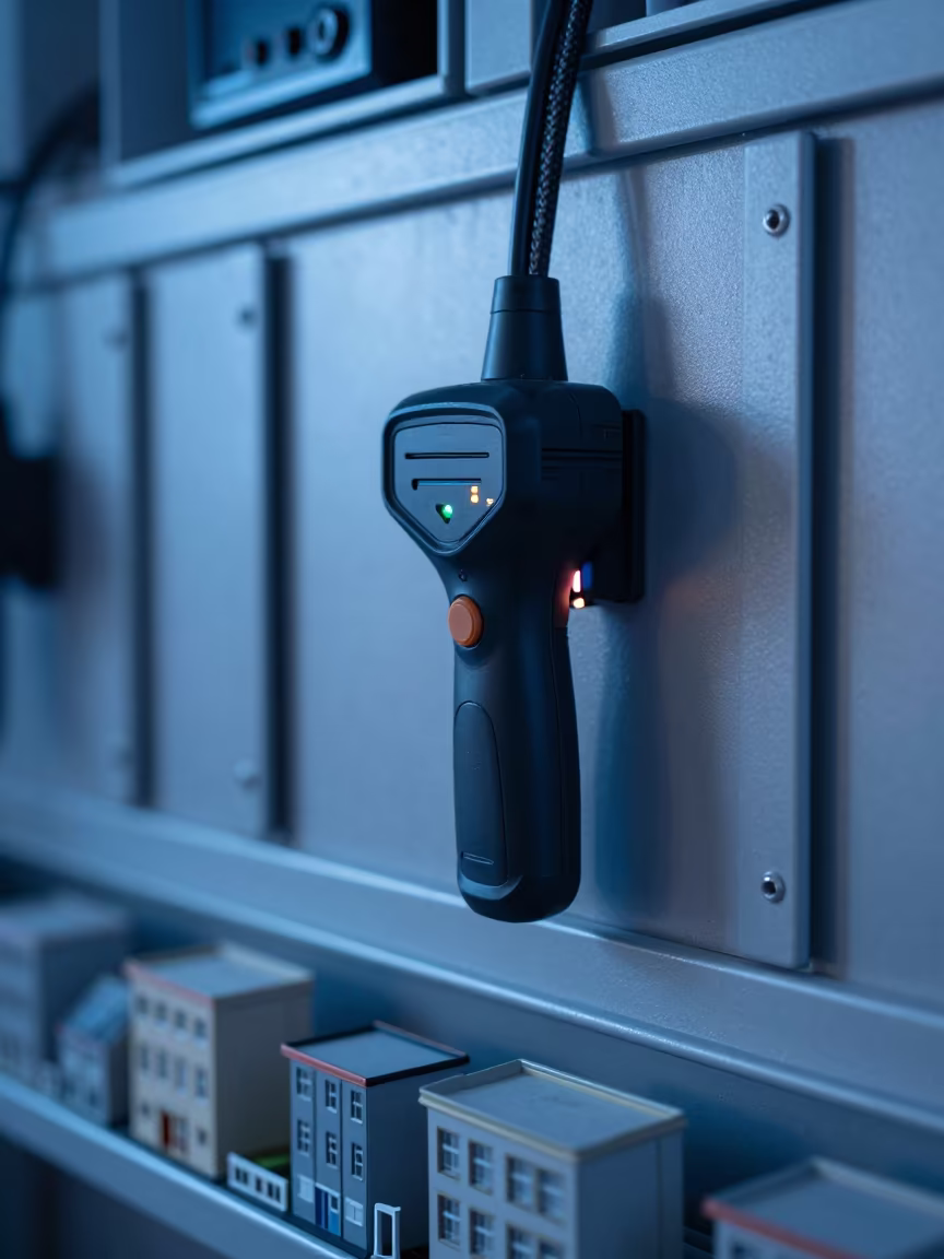 Scanner charging wall with shoebox buildings in inside a chilled distribution bay near Toamasina