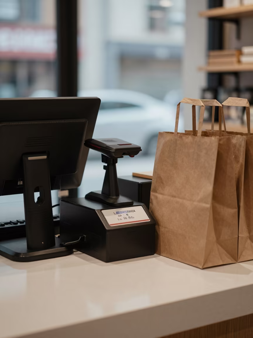Scanner dock on counter with paper bags in La Romana in at a cash wrap counter with bags stacked nearby in La Romana