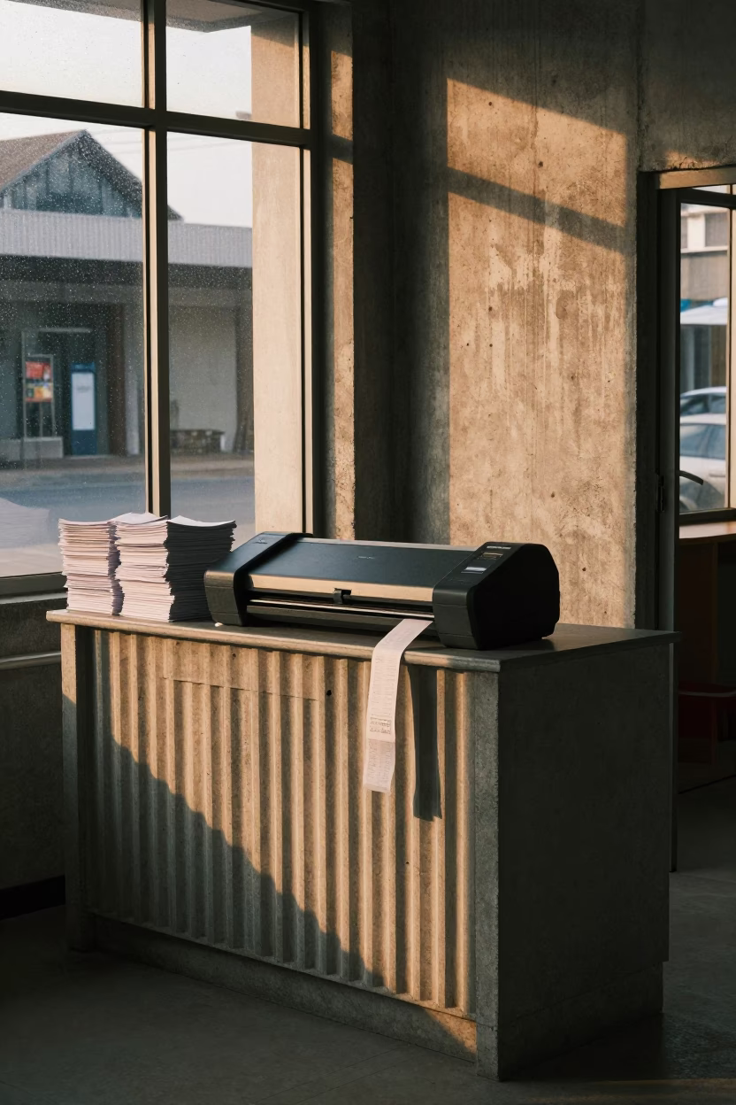 Scanner Station Ribbed Concrete Lobby Douala in inside a ribbed concrete lobby in Douala
