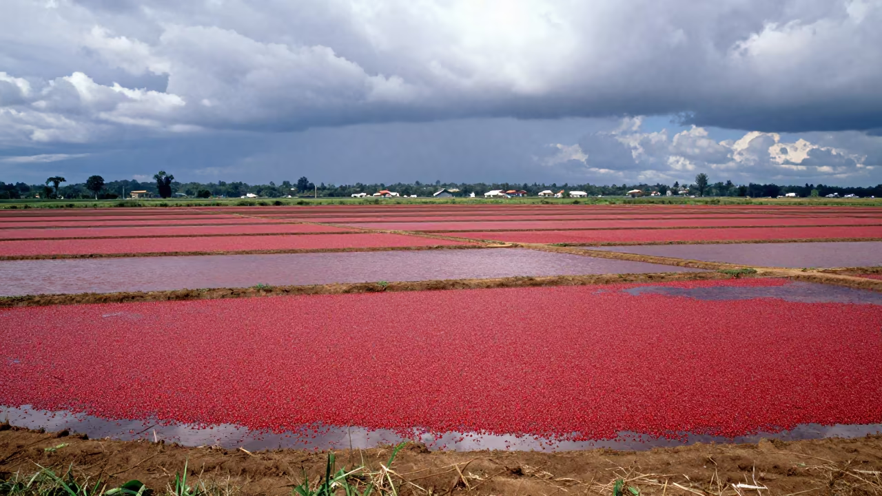 Scarlet Cranberry Bog Flooded Under Noon Sun in across a harvested grain field near Soroti