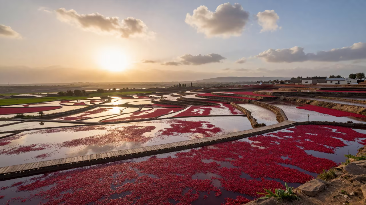 Scarlet Cranberry Bog Harvest in Turkish Rice Paddies in among terraced rice paddies near Kahramanmaraş