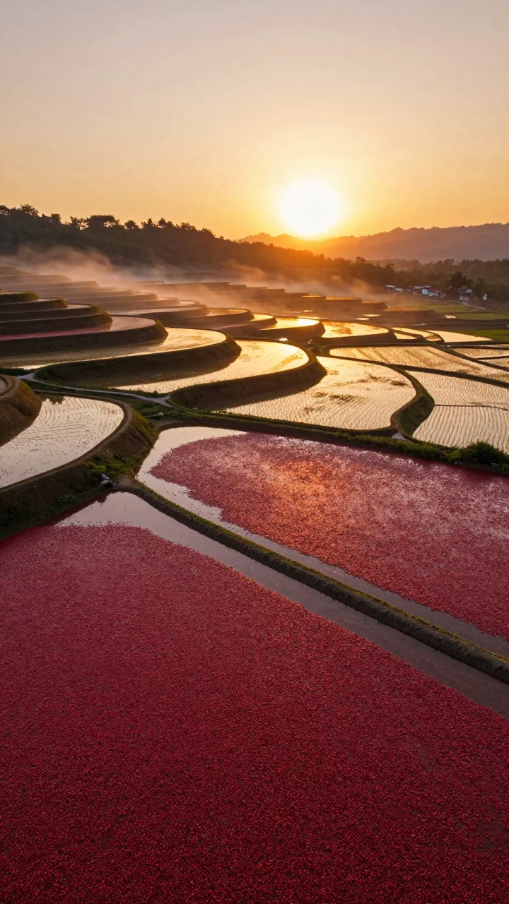 Scarlet Cranberry Bogs at Sunset in Akure in among terraced rice paddies in Akure