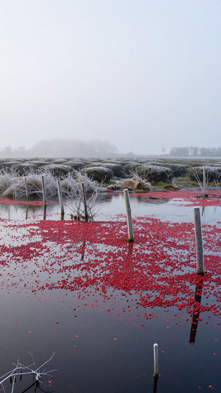 Scarlet Cranberry Bogs Winter Dawn Netherlands in at the edge of a tea plantation in Netherlands