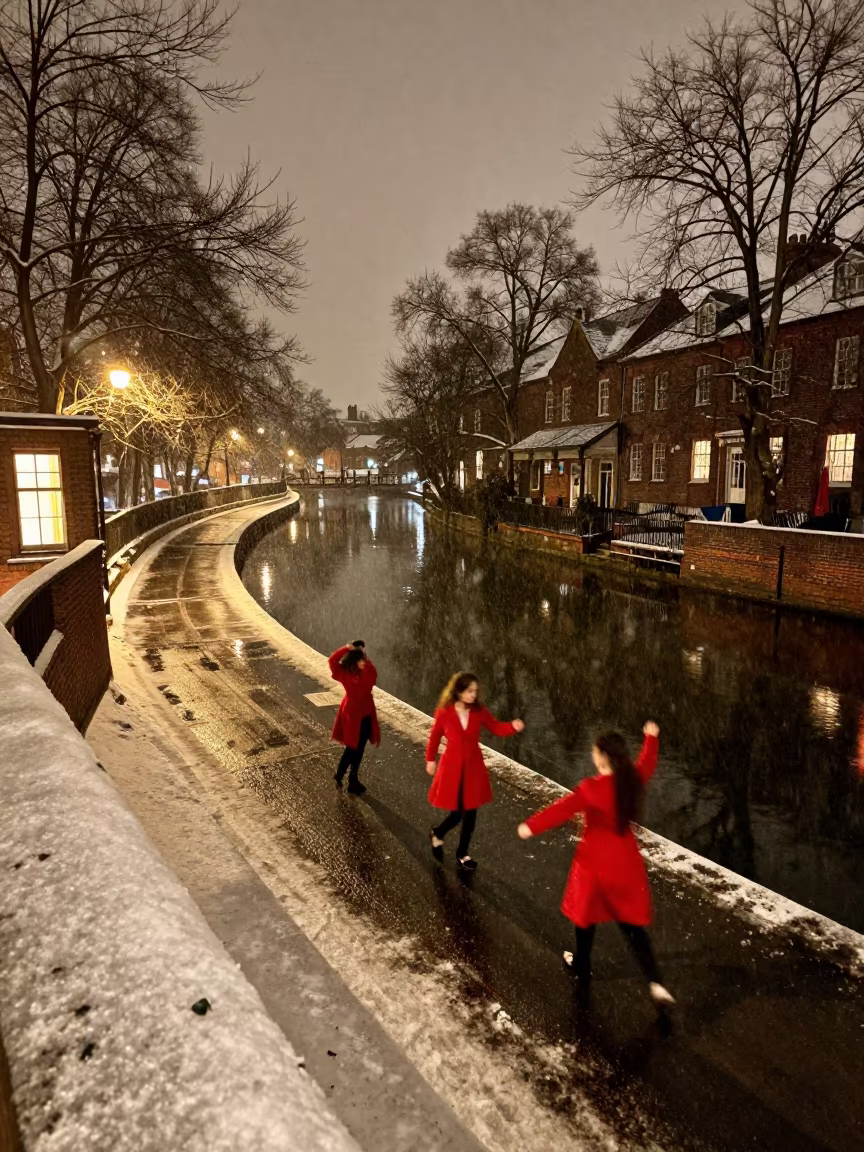 Scarlet Dancer Blurs Guelph Canal Night Snow in beside a canal in Guelph