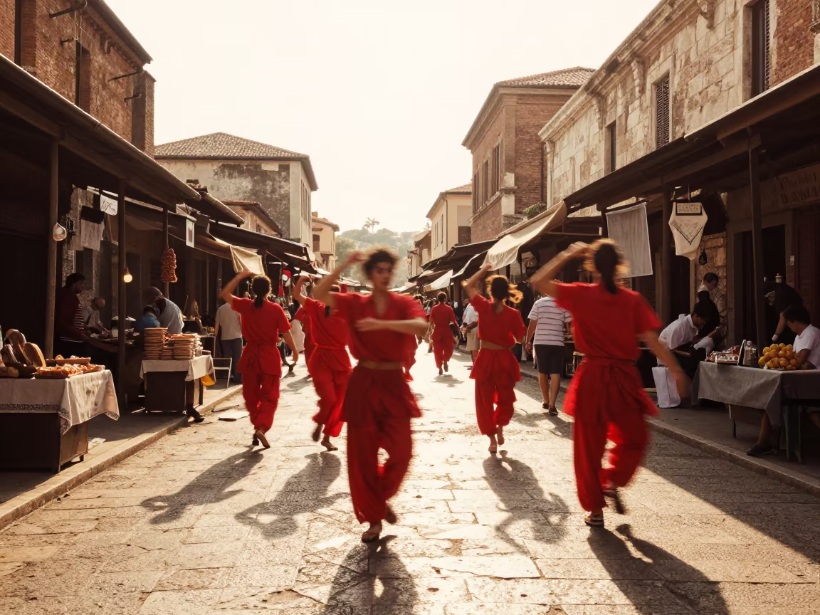 Scarlet Dancers Blur in Roman Market Lane in along a market lane in Rome