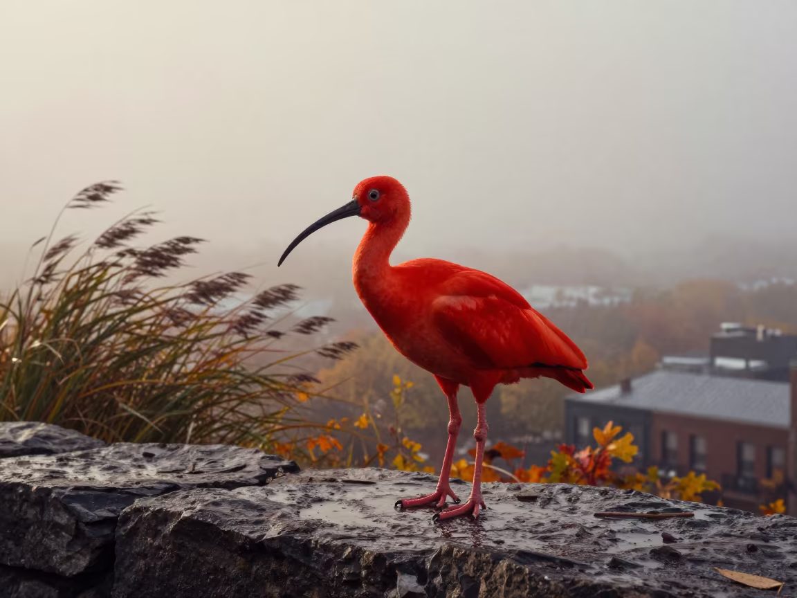 Scarlet Ibis Dawn Mist Rock Ledge Montreal in near Little Italy, Montreal